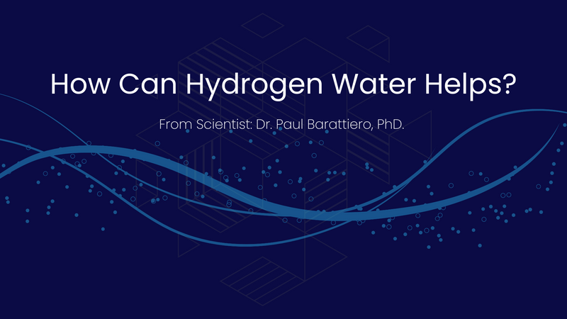Promotional image for a lecture on hydrogen water benefits by Dr. Paul Barattiero, PhD, with blue tones and abstract graphics.