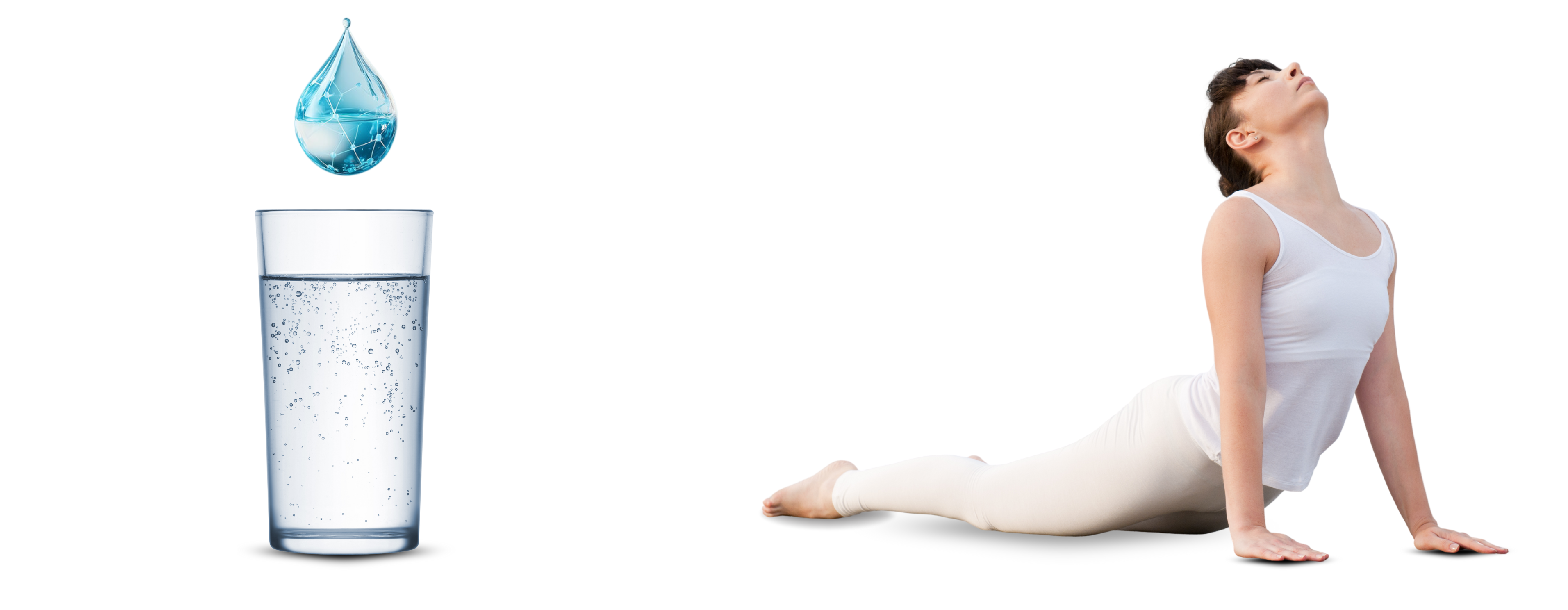 Glass of hydrogen-rich water with water droplet and woman stretching to show hydration and wellness benefits.