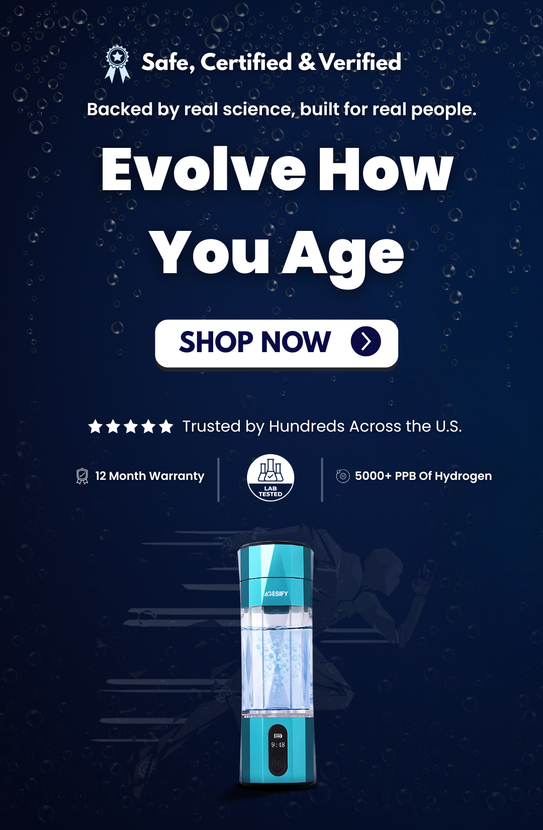 Agesify Quantum™ hydrogen water bottle generating hydrogen-rich water for daily hydration and cellular health