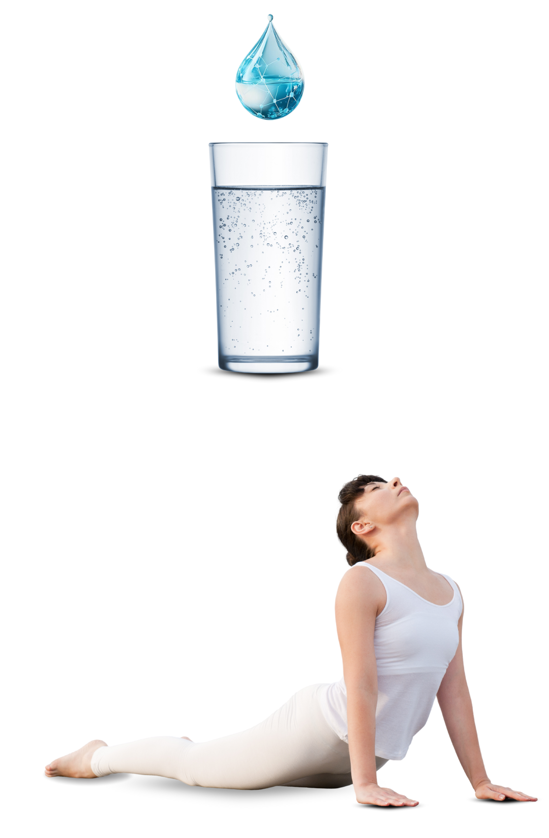 Glass of hydrogen-rich water with water droplet and woman stretching to show hydration and wellness benefits.