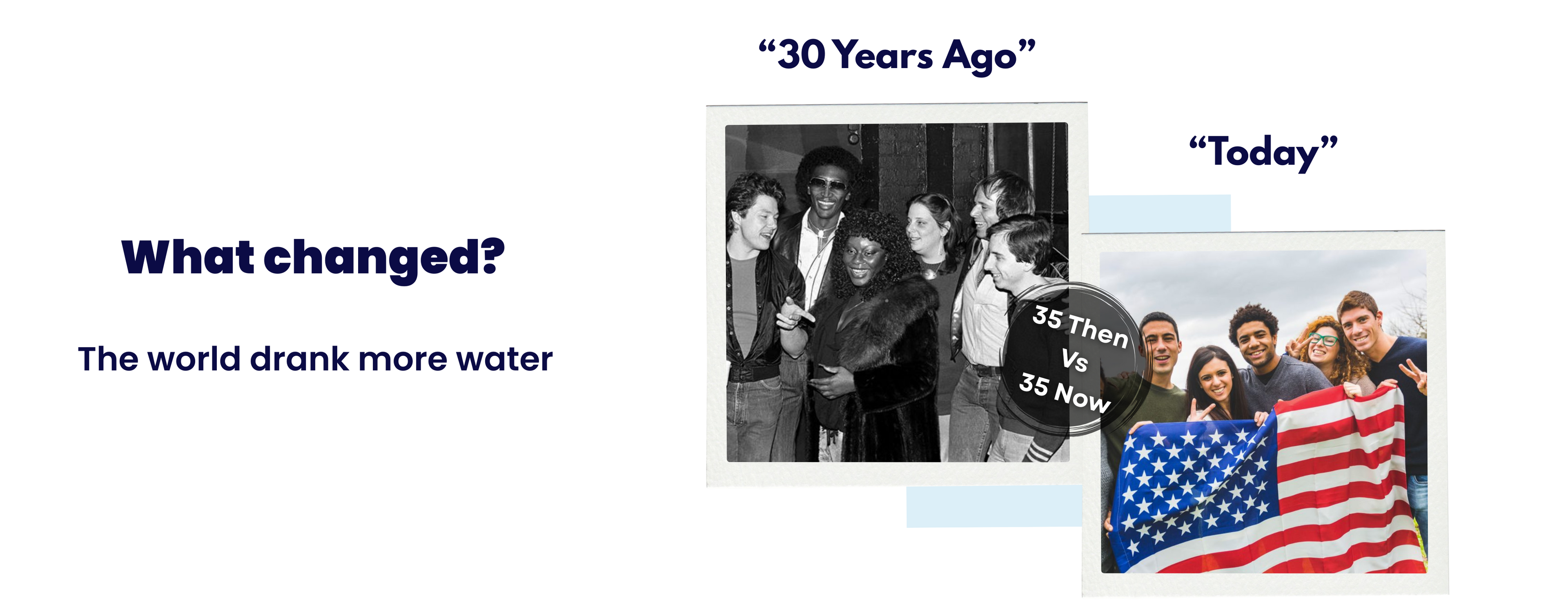 Comparison of people 30 years ago versus today at age 35 showing improved health and vitality with hydration