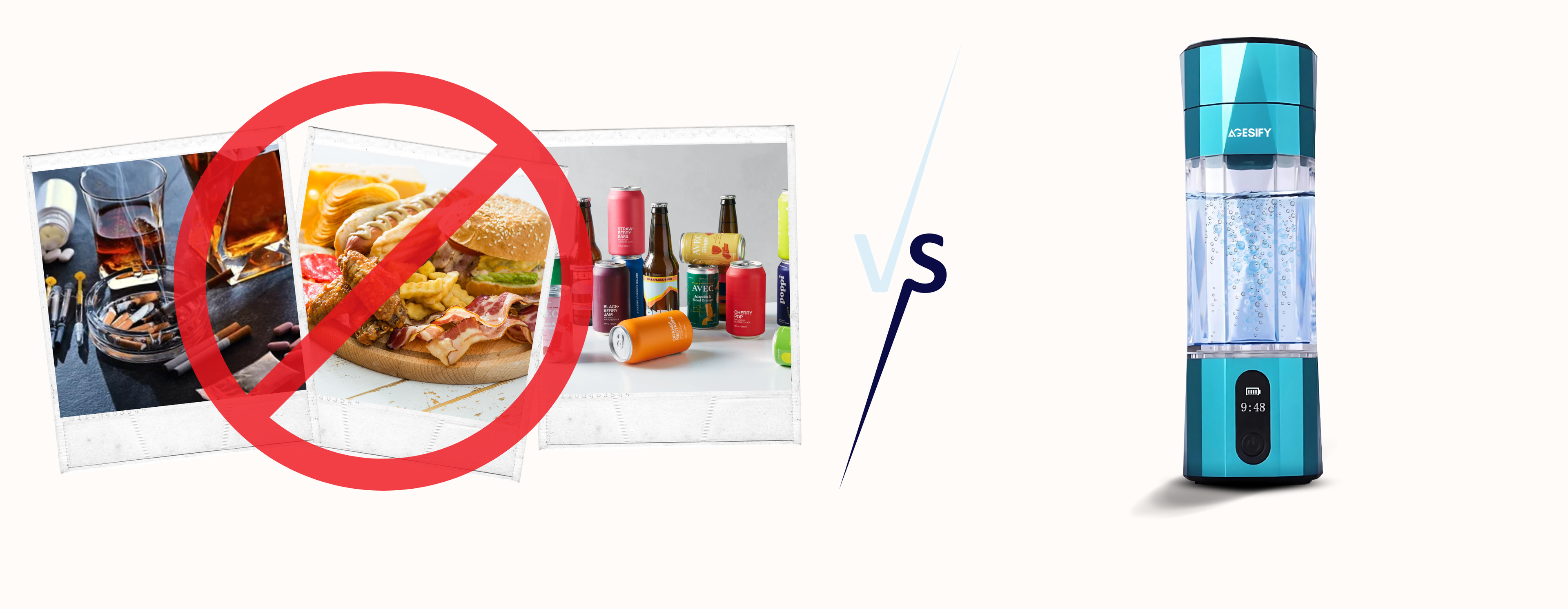 Healthy hydration with Quantum Hydrogen Water Bottle compared to harmful junk food and drinks