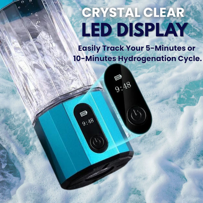 Quantum hydrogen water bottle with LED display showing 5 or 10 minute hydrogenation cycle