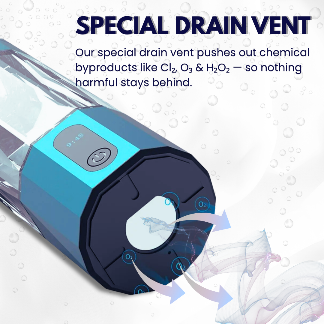 Hydrogen water bottle with special drain vent to release chemical byproducts safely