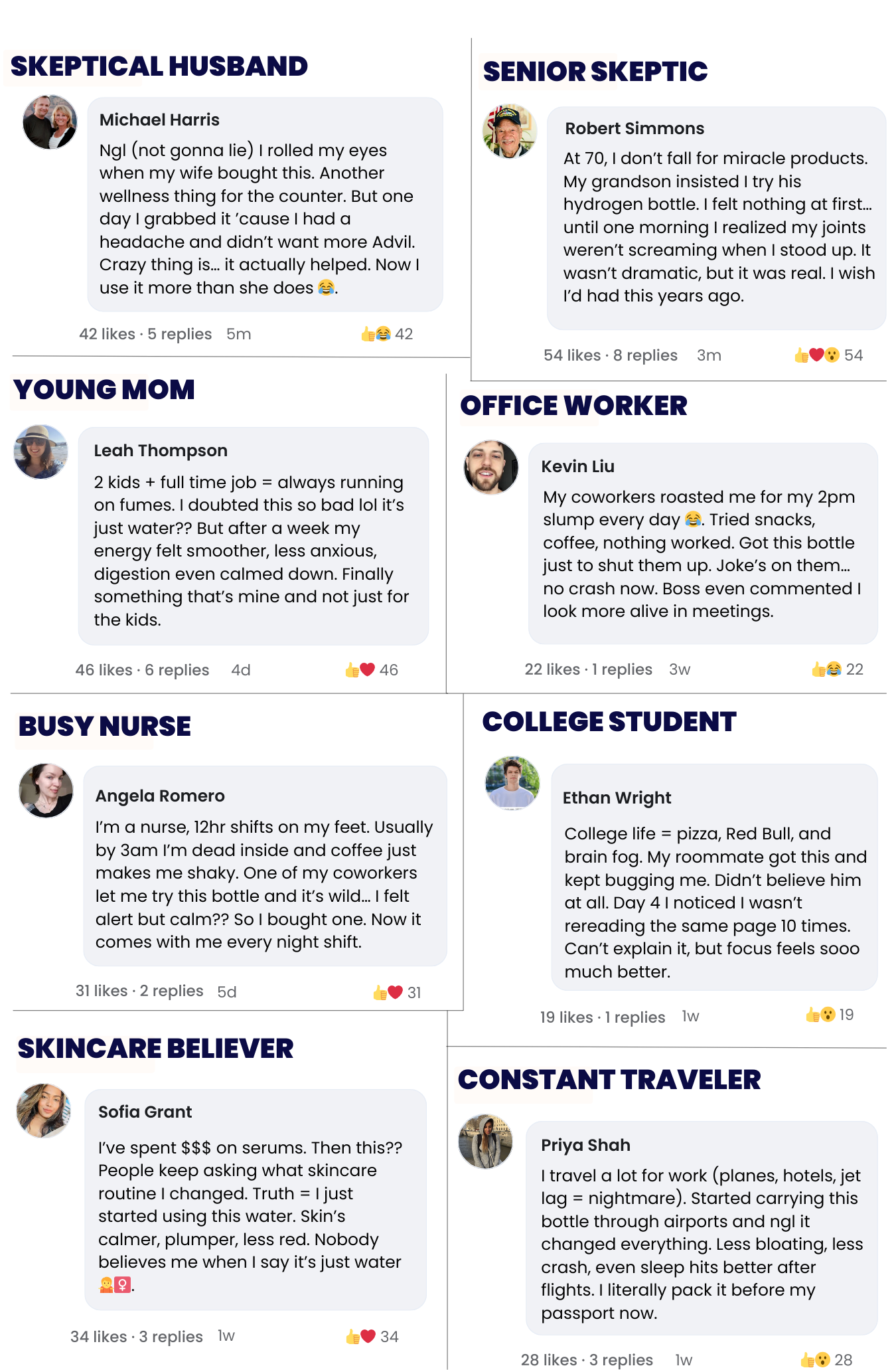 Real customer stories showing how Agesify Quantum hydrogen water bottle benefits athletes, parents, professionals, and seniors