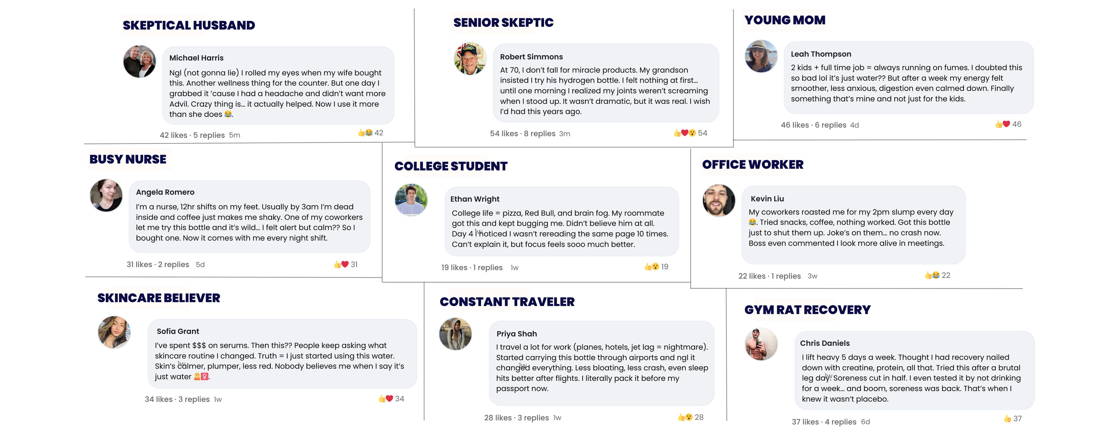 Real customer stories showing how Agesify Quantum hydrogen water bottle benefits athletes, parents, professionals, and seniors